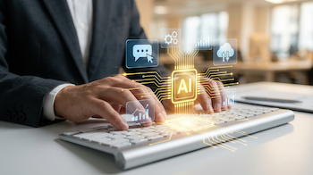 man typing on laptop with ai icons above his hands